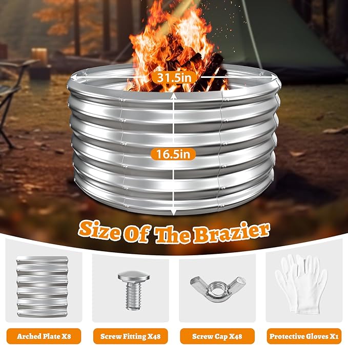 Metal Fire Pit Ring/Bonfire Fire Ring- 32 Inches Diameter, 0.8 MM Thick,1.5 ft High, Durable and Stylish for Outdoor Fire Pits,Patios and Camping (Silver, 2.7X2.7X1.5 ft)