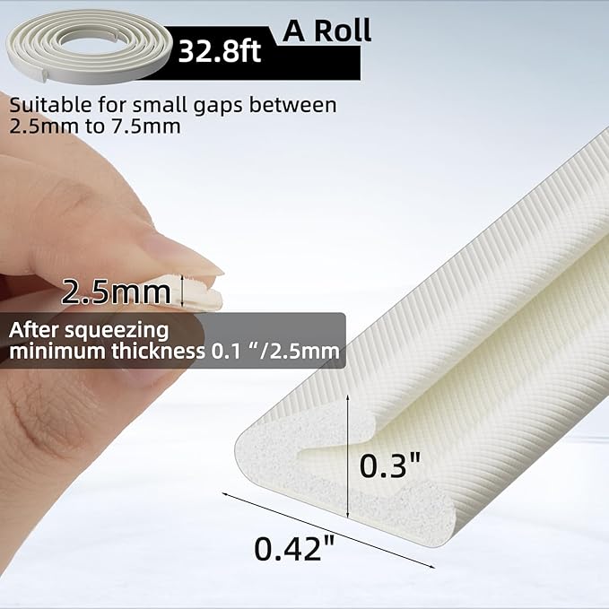1 Pack*32.8 Ft Self-Adhesive V Shape Foam Window Weather Stripping Door Seal Insulation Strip for Winter, Soundproof Exterior Front Frame Gap Filler, Draft Stopper Tape Noise Light Blocker (White)