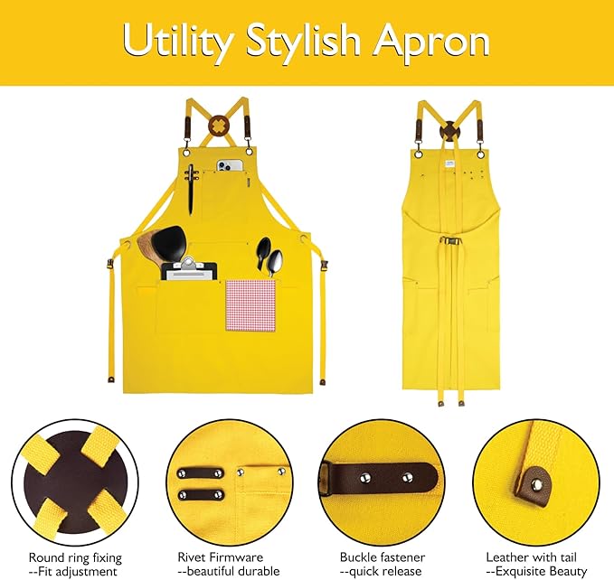 10 Pack Kitchen Aprons, Work Apron, Canvas, Multiple Pockets, Gardening, Painting, BBQ, Artist, Carpenter, Sizes M to XXL, Yellow