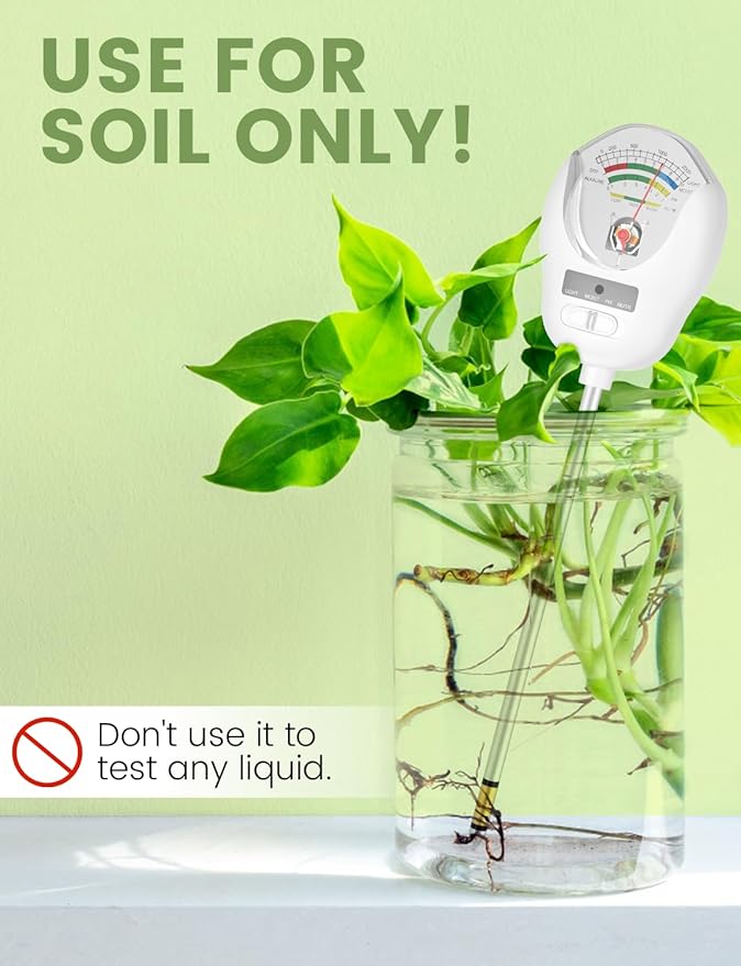 4-in-1 Soil Test Kit, Soil Moisture Meter, pH Meter, Light & Nutrient Tester for Indoor/Outdoor Plants, Garden, Farm, Lawn Care-No Battery Needed (4-in-1 Soil Test)