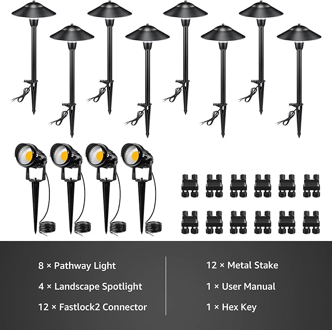 SUNVIE LED Low Voltage Landscape Lighting 12V Landscape Lighting Kit with Connectors, Low Voltage Pathway Lights with Spotlights Aluminum Pathway Lights Wired Waterproof for Patio Yard Garden, 12 Pack