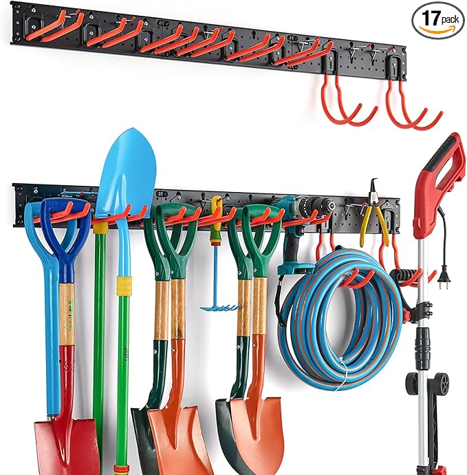 Ultrawall Multi-Storage Garage Hooks, Utility Rack with Multiple Installation Methods, Wall-Mounted Garden Tool Organizer System for Shovels, Rakes, Ladders,17pcs