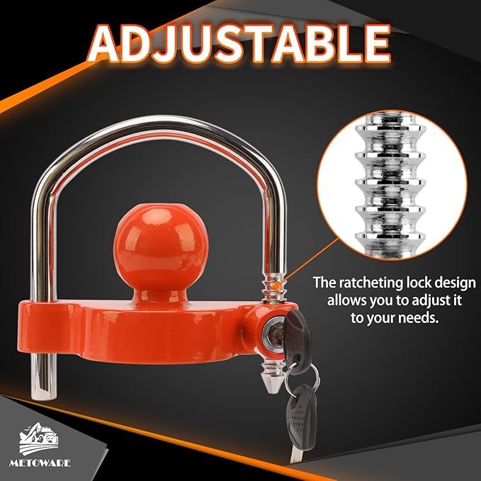 METOWARE Trailer Coupler Lock Universal Adjustable Heavy-Duty Steel Trailer Hitch Lock, Anti Theft Trailer Ball Lock Towing Lock for Towing Trailer Security Fits 1-7/8",2”, 2-5/16" Coupler Orange