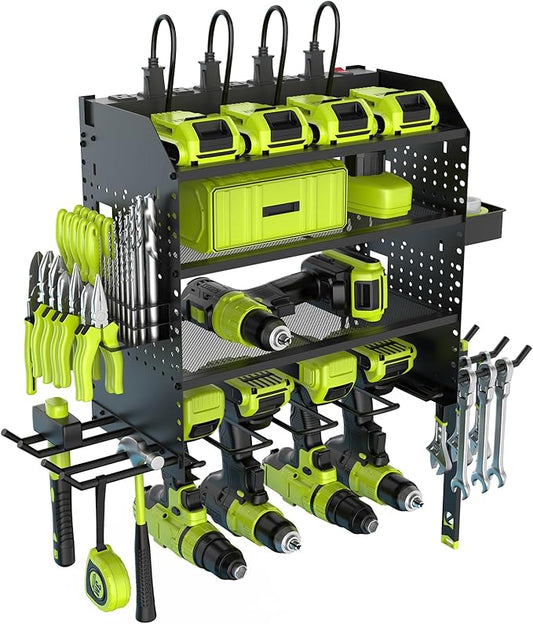 Heavy Duty Power Tool Organizer Wall Mount with Charging Station, 4 Layer Garage Storage Adjustable Shelves Height, Holds 4 Drills, 2 Hooks, Screw & Screwdriver box, Gifts for Fathers Day, Anniversary