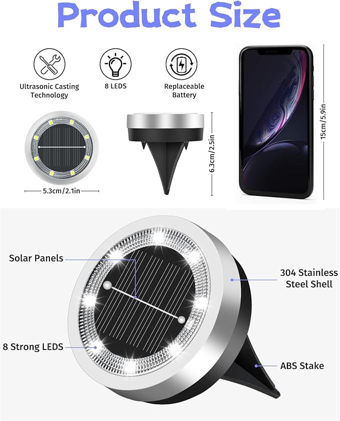 Mini Solar Ground Lights Outdoor 24 Pack Waterproof Upgraded Anti-Rust Solar Flat Garden Lights Stainless Steel Solor Powered Disc Landscape Light for Pathway Walkway Yard Lawn Patio-Cool White