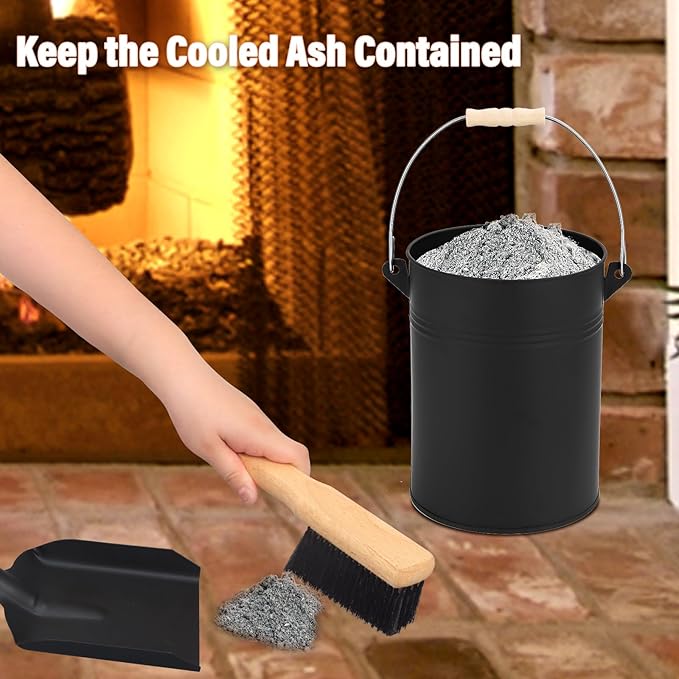FEED GARDEN 2.5 Gallon Ash Bucket with Lid,Shovel,Broom and Screwdriver,Bucket Ash Can for Fireplace Fire Pits,Wood Stoves,Fireplace Galvanized Iron Bucket,Pellet Charcoal,Indoor Outdoor，Black