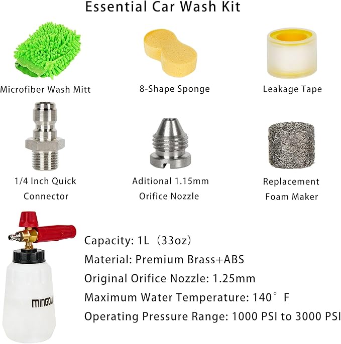 MINGOU Foam Cannon for Pressure Washer Soap Dispenser Snow Foam Cannon Car Wash with 1/4" Quick Connector,1L Bottle, Additional 1.15 mm Orifice Nozzle(Red)