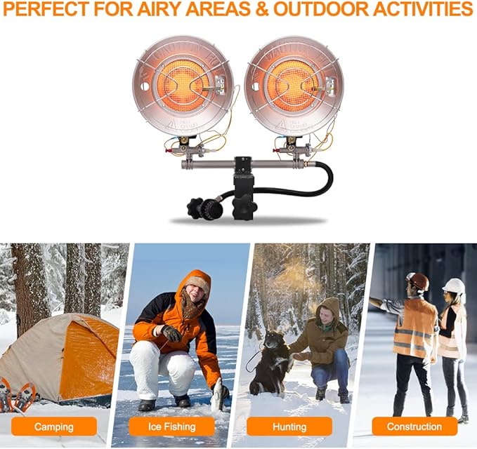 Propane Tank Top Heater, CAMPLUX Outdoor Tanktop Heater with Tip-Over Switch for Garage, Camping, Hunting, Double Burner Heavy Duty Steel 30,000 BTU