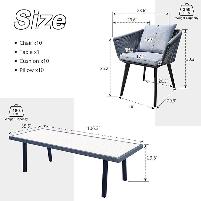 11 Pieces Patio Dining Set, All in One Wicker Furniture Set with Cushions, 10 Aluminum Frame Chairs and 1 Rectangle Table, Lighter Grey