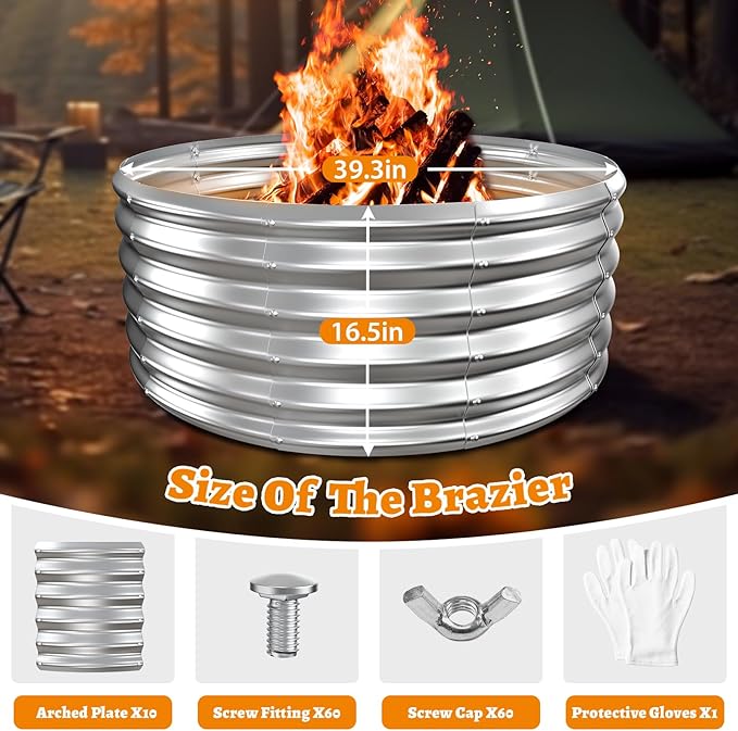 Metal Fire Pit Ring/Bonfire Fire Ring- 40 Inches Diameter, 0.8 MM Thick,1.5 ft High, Durable and Stylish for Outdoor Fire Pits,Patios and Camping (Silver, 3.3X3.3X1.5 ft)