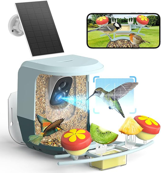 Smart Bird Feeder with Camera Solar Powered - 2K HD Live Video Camera AI Identify Birds, Visible Window Auto Capture& Motion Detection -Instant Arrival Alerts, Birds Lover Gifts