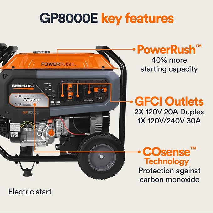 Generac 10,000/8,000-Watt Portable Gas Generator - Electric Start - Home Backup or RV Ready - Heavy Duty Frame - Quiet, Long Runtime, Emergency Power - 49-State Compliant