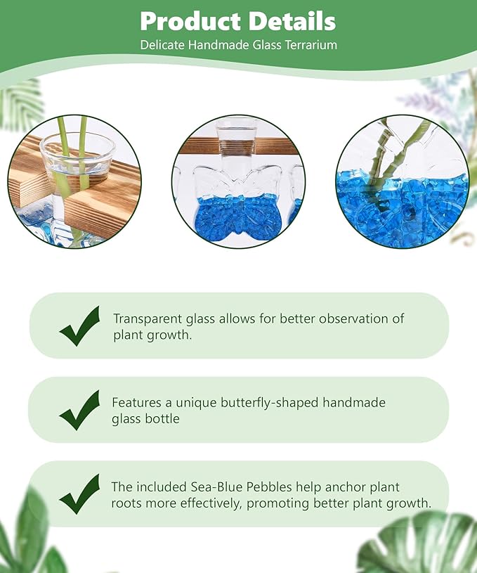 Nacome Plant Terrarium with Wooden Stand,Butterfly-Shaped Glass Vase Planter Propagation Station for Home Office Decor, Unique Gifts for Plant Lovers Women Mom