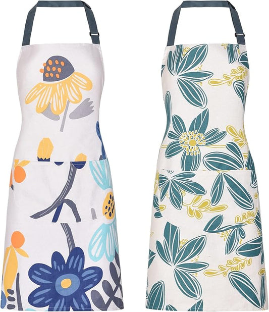 2 Pack Floral Apron for Women with Pockets, Adjustable Cotton Chef Aprons for Kitchen, Cooking, BBQ & Grill