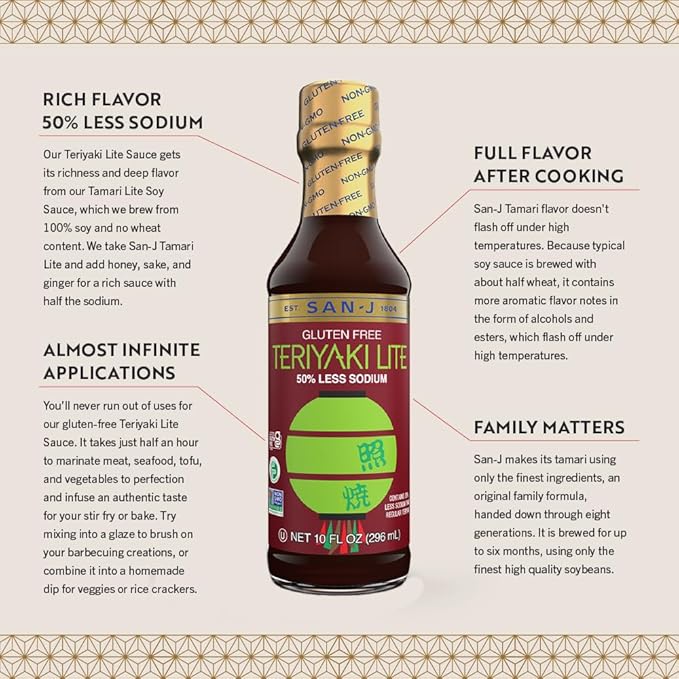 San-J - Gluten Free LITE Teriyaki Sauce with 50% Less Sodium - Well-balanced Sauce for Cooking - Non-GMO - 64 oz. Container