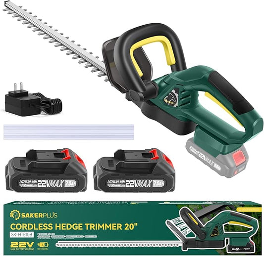 Cordless Hedge Trimmer, 22V Electric Bush Trimmer with 20” Dual-Action Blades, 3/5" Cutting Capacity, Lightweight Shrub Trimmer Handheld Hedge Cutter, 2 Batteries and Fast Charger Included
