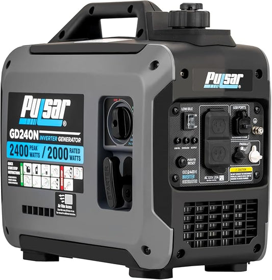 Pulsar 2,400W Portable Gas-Powered Quiet Inverter Generator With USB Outlet & Parallel Capability, GD240N