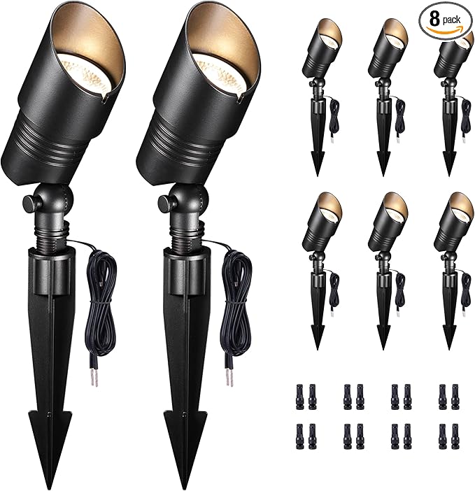 Outdoor Landscape Spotlights - 2700K/3000K/3500K/4000K/5000K Switchable White, LED Low Voltage Spot Lights Hard-Wired, IP65 Waterproof Uplighting, Black Aluminum for Backyard Fence 8 Pack