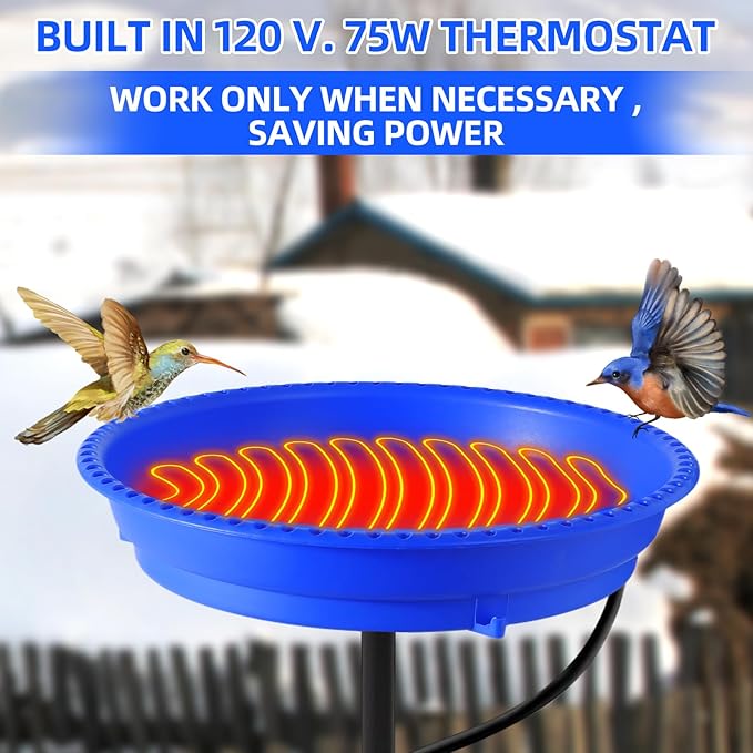 Heated Bird Bath for Outdoors for Winter, 75W Bird Bath Water Heater Bird Bath Deicer,Deep Bowl Thermostatic Control Weather Resistance Available with Stable Metal Pole for All Seasons(Blue)