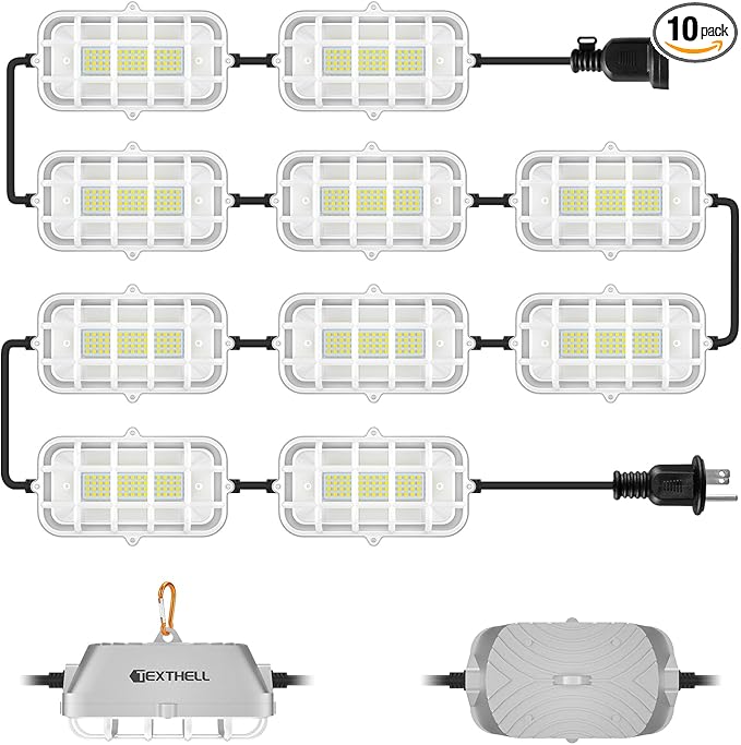 100ft LED Construction String Lights 300W Super Bright 30000LM Work Lights String Connectable Design for Workplace, Warehouse, Garage, RV, Indoor and Outdoor Weatherproof Temporary Lighting