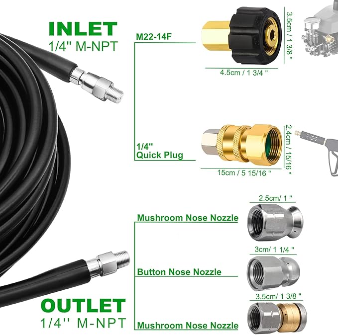 150FT Sewer Jetter Kit for Pressure Washer, 5800PSI Drain Cleaner Hose 1/4 Inch NPT, Corner, Rotating and Button Nose Sewer Jetting Nozzle Waterproof Tape Pearl Corsage Pin with 2Pcs Spanner