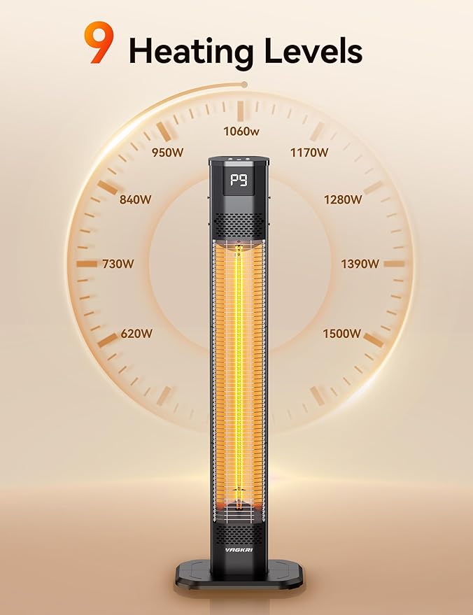 VAGKRI Outdoor Heater, 1s Instant Heating 42in Infrared Patio Heaters, 9 Heat Levels, 24H Timer, IPX5 Waterproof Electric Patio Heaters for Garden, Deck, Restaurant, Garage, Indoor & Outdoor Use