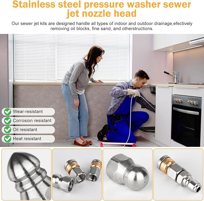 10Pcs Sewer Jetter Kit,Sewer jetter Nozzle, Sewer Rotary Button Pressure Cleaning Accessory, 5000 PSI High-Pressure Nozzle Heads Quick Connection Kit.