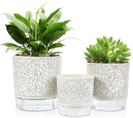 Self Watering Pots for Indoor Plants, 6 & 5 & 4 Inch Stylish Flower Pots, Set of 3 Modern Planters with Self-Watering Feature (Crack Texture)