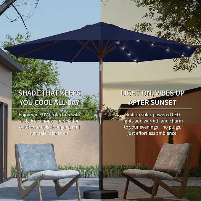 10FT Solar Umbrella 32 LED Lighted Patio Umbrella Table Market Umbrella w/Tilt and Crank, UV-Resistant Outdoor Umbrella for Pool, Garden, Deck, Navy Blue