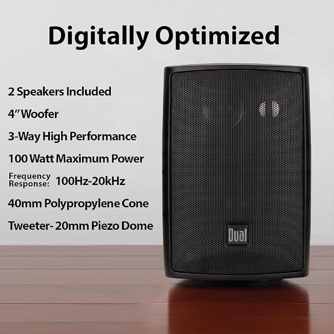 Dual Electronics LU43PB 4" 3-Way High Performance Outdoor Indoor Wired Speakers | Effortless Set Up | Home, Pool, Patio, Garage Use | Weather Resistant | Expansive Stereo Sound Coverage | Black
