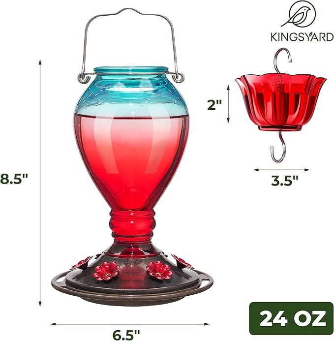 Kingsyard Glass Hummingbird Feeder - 6 Bee Guard Feeding Ports & Ant Moat, 24 oz Leak Proof, Wild Bird Feeder for Outdoors Hanging, Easy to Clean & Refill, Garden Yard Décor, Red & Blue