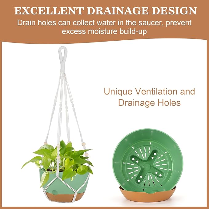 3 Pack Hanging Planters for Indoor Plants, 10 + 10 + 8 Inch Self-Watering Hanging Plant Pot, Macrame Plant Hanger with Pot, Ceiling Hooks, Removable Saucer and Drainage Holes for Garden Home - Green