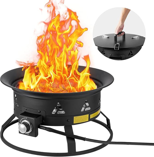 VEVOR Propane Fire Pit, 24-Inch Diameter Outdoor Portable Gas Fire Pit with Cover & Lava Rocks, Adjustable Flame Height Camping Firepit for Heating, Lighting, Gathering, 58,000 BTU, Black