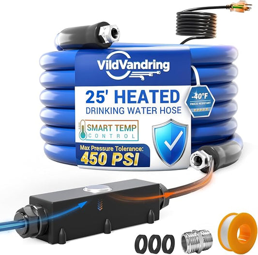 25ft Heated Water Hose for RV, Heated Drinking Water Hose, Features Energy-Saving Thermostat, Water Line Freeze Protection Down to -40°F/-40°C, Heated Garden Hoses with Adapter, Lead and BPA Free