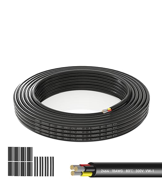 18 AWG 3 Conductor Electrical Wire - 26.25FT 18 Gauge Stranded PVC Cord with Tinned Copper Core, 12V/24V Low Voltage Flexible Cable for Automotive Marine LED Strips, Solar, RV Lighting