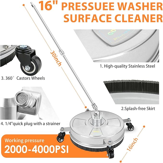 16" Pressure Washer Surface Cleaner, Stainless Steel Power Pressure Washer Attachment for Concrete, Driveway, Patio, Deck Cleaning, with 4 Wheels, 1/4" Quick Connect, 2 Extension Wand, 4000PSI