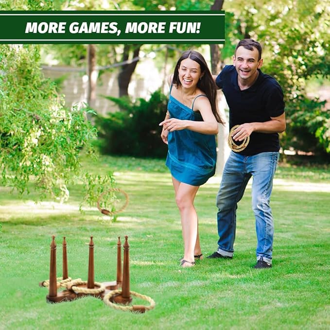 Wooden Ring Toss Game Set, Backyard Beach Camping Game with Toss Rings & Portable Carrying Bag, Outdoor Lawn & Yard Games for Kids, Adults & Family