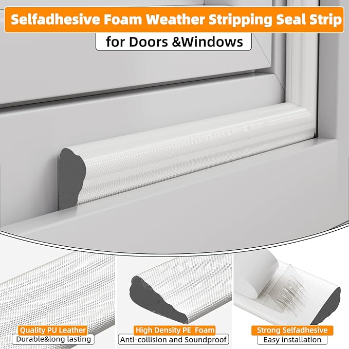 2 Pack*16.4 Ft Self-Adhesive Wedge Foam Window Weather Stripping Door Seal Strip, Soundproof Exterior Front Door Frame Gap Filler, Draft Stopper Foam Tape Noise Light Blocker (White)