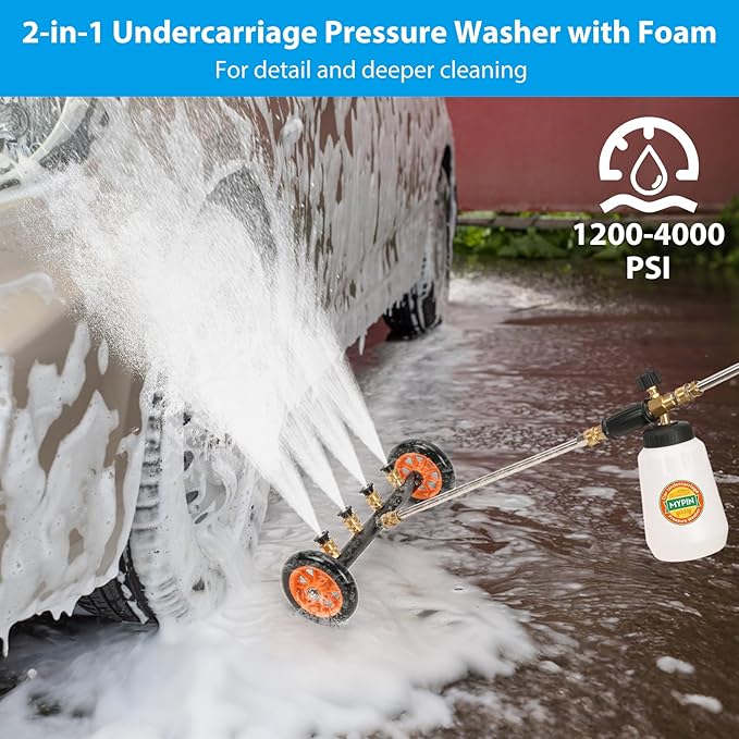 2-in-1 Undercarriage Pressure Washer Water Broom with Replaceable Nozzle, 16 Inch Car Pressure Washer with Foam Washer/Mitten, Surface Cleaner 1200-4000 PSI (with Bottle& Replaceable Nozzle)