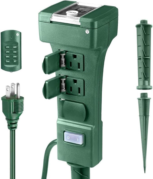 Outdoor Power Stake Timer, 24 Hour Light Timers with Remote Control, 6 Outlet Countdown Yard Stake Timer for Halloween Christmas Holiday Lights, 6ft Extension Cord, UL Listed