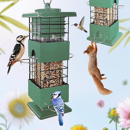 Squirrel Proof Bird Feeder,3Lbs Metal Birdfeeders Squirrel Proof with 4 Feeding Ports for Outside, Birds Seed Feeder for Outdoors, Cardinal, Finch, Sparrow (Green)