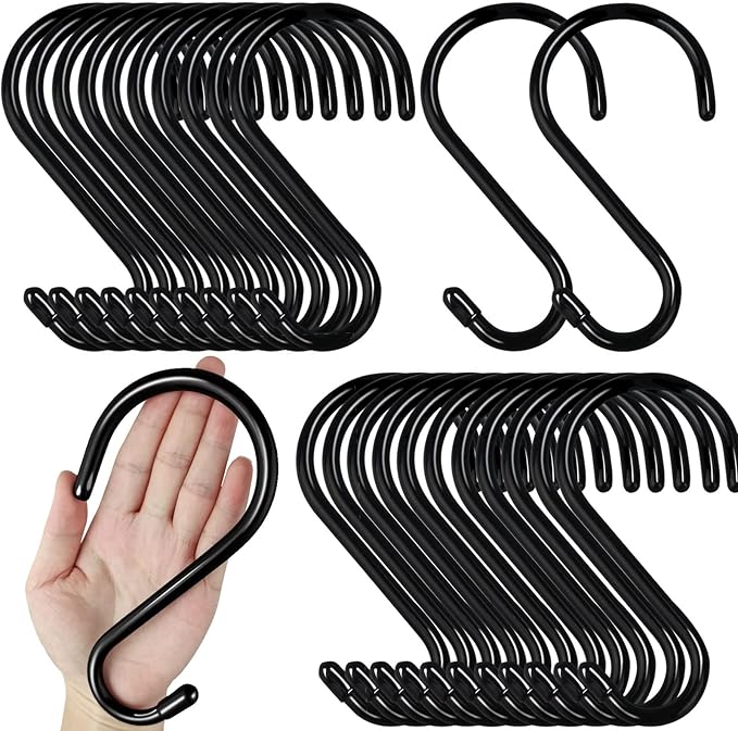 24 Pack Heavy Duty S Hooks, Non Slip Rubber Coated, 7mm Thick Metal Black S Hooks for Hanging Plants, Closet, Bird Feeders, Kitchen, Large Objects, Tools, Bikes