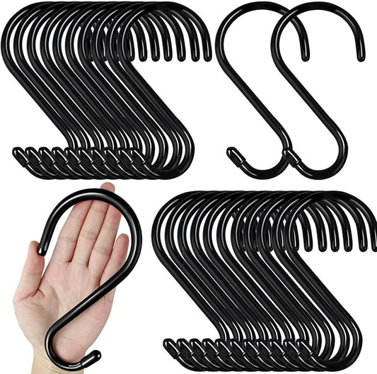 24 Pack Heavy Duty S Hooks, Non Slip Rubber Coated, 7mm Thick Metal Black S Hooks for Hanging Plants, Closet, Bird Feeders, Kitchen, Large Objects, Tools, Bikes