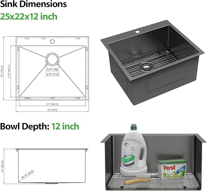 25 x 22 Inch Black Drop In Laundry Sink Topmount NANO PVD 16 Gauge Stainless Steel Single Bowl Large Deep Kitchen Sinks Basin 25"x22"x12"