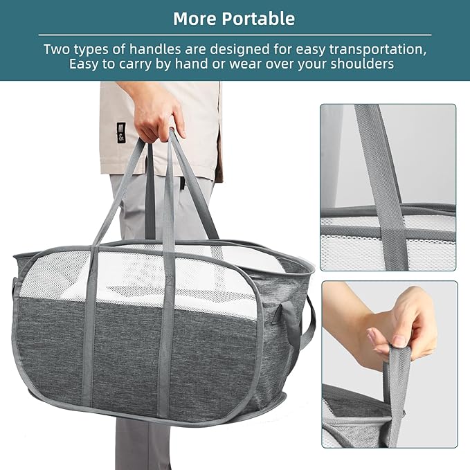 2 Pcs Collapsible Laundry Baskets, Tear Proof Pop Up Hamper With Dual Handles, Durable Foldable Basket, Easy to Carry for Home, Room, Bedroom, Dorm, Travel - Gray