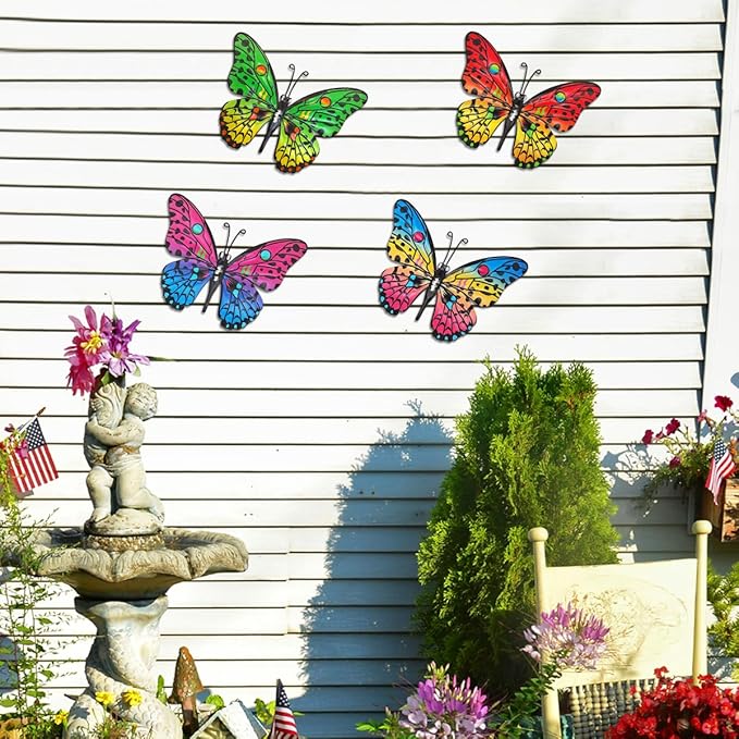 Metal Butterfly Wall Decor - 9.6" Outdoor Fence Wall Art Decor, Hanging Decoration for Garden Yard Living Room Bedroom Patio Balcony(4 Pack)