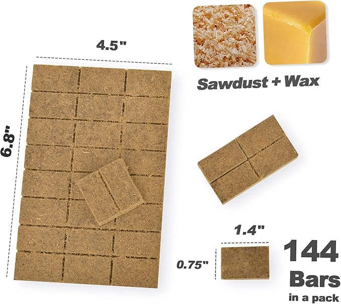 Stanbroil 144 pcs Fire Starters, Natural Charcoal Squares Fire Starters Super Fast Lighting Perfect for Barbecue Grills, Smokers, Wood Stove, Campfires and Outdoor Fireplaces