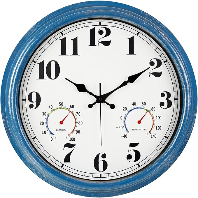 JENLYSTIME 16 Inch Blue Vintage Waterproof Indoor/Outdoor Wall Clock with Thermometer & Hygrometer, Large Numerals & Silent Sweep Movement - Ideal for Porch, Garden, Pool, Bathroom