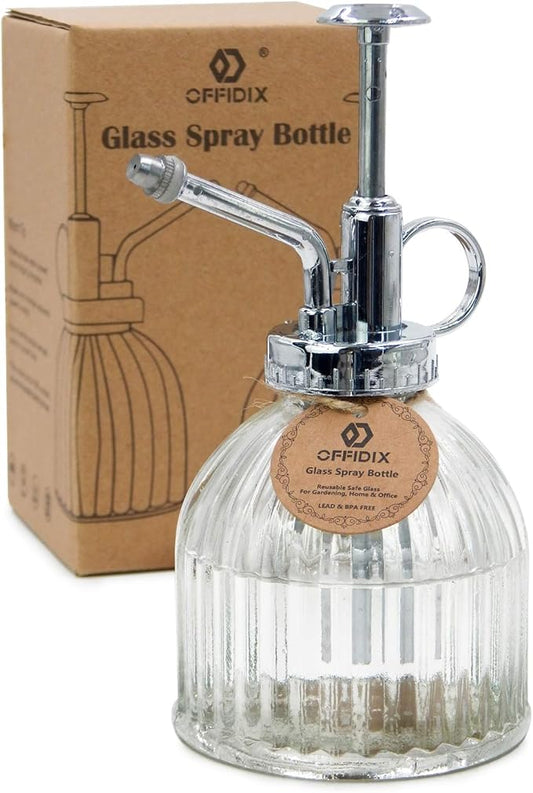 OFFIDIX Glass Spray Bottle for Plants, 6.3" Tall Vintage Style Spritzer with Bronze Plastic Silver Color Top Pump Glass Watering Can for Pet Clearing (Transparent)