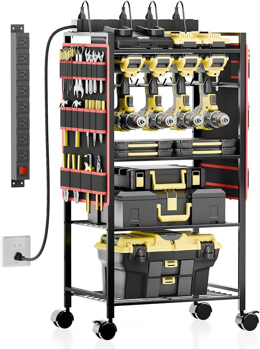 5-Tier Power Tool Organizer Cart with Charging Station - 8 AC Outlets, 300 lbs Heavy Duty Utility Rack, Rolling Drill Holder & Tool Storage Cart on Wheels for Garage, Workshop, Gift for Men